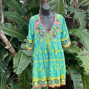 Isla Bonita block, print and beaded cotton cover-up or dress with fringe